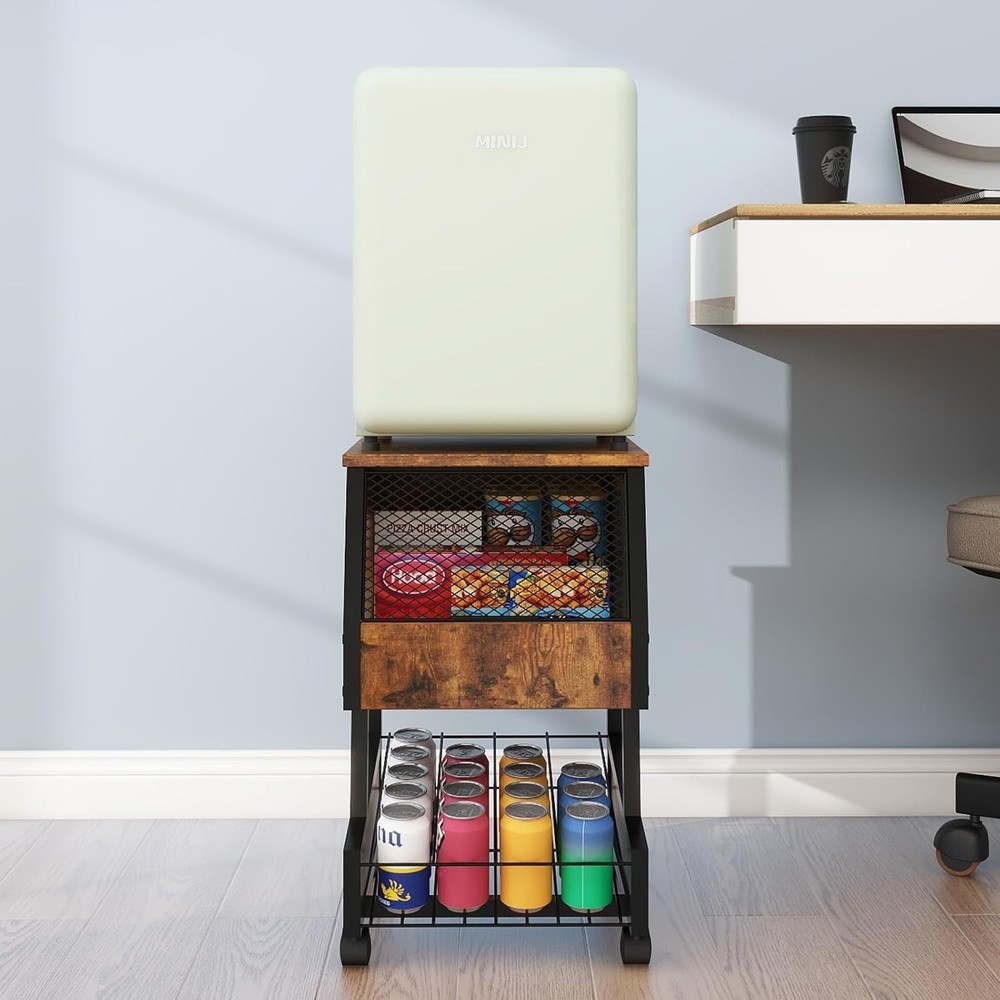 Compact Refrigerator Stand W/ Beverage Storage & Wheels Rolling Personal Fridge