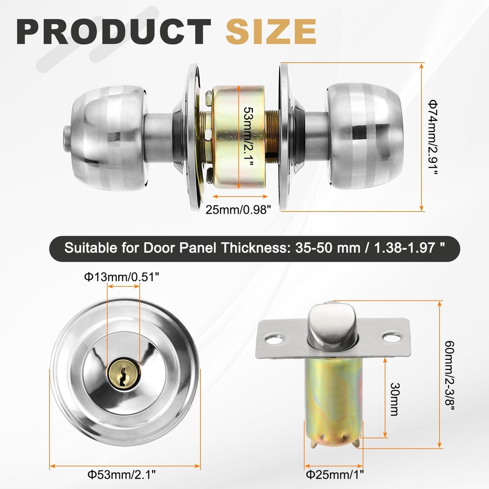 Keyed Entry Door Lock Knobs Stainless Steel Round Lock 60mm (2-3/8") Backset