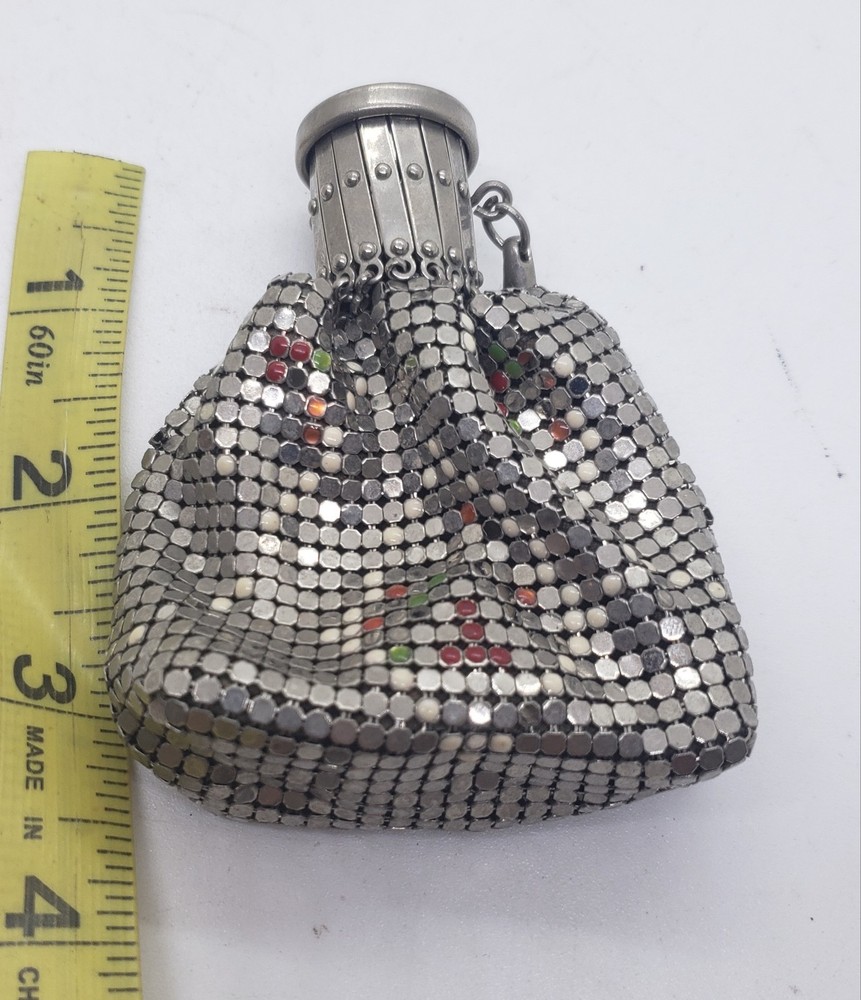 Vintage chatelaine Silver Mesh Coin Purse Compact Expanding Frame Enamel Accent