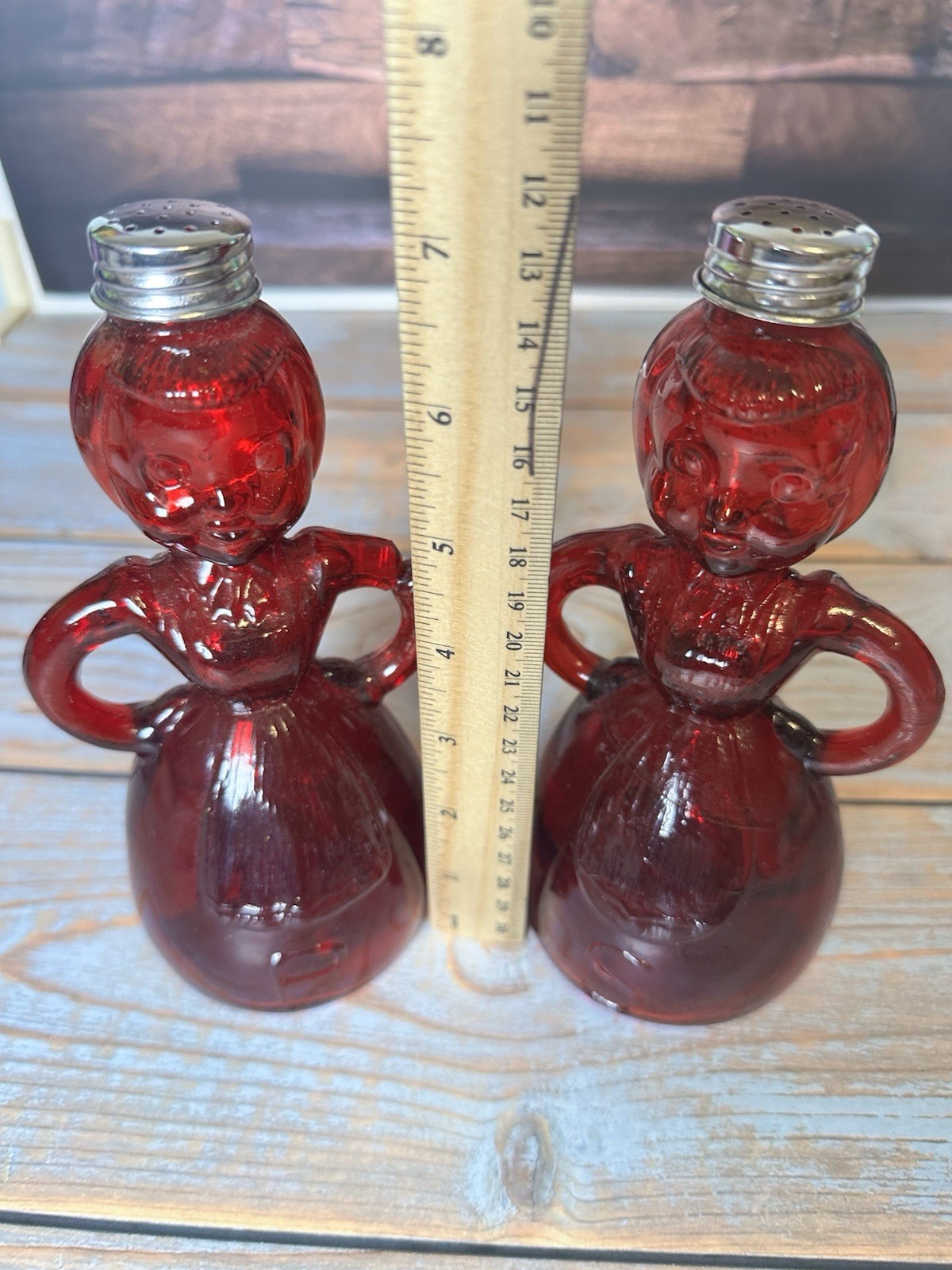 Vintage Ruby Red Glass Merry Maid Salt Pepper Shakers Set Taiwan Figural