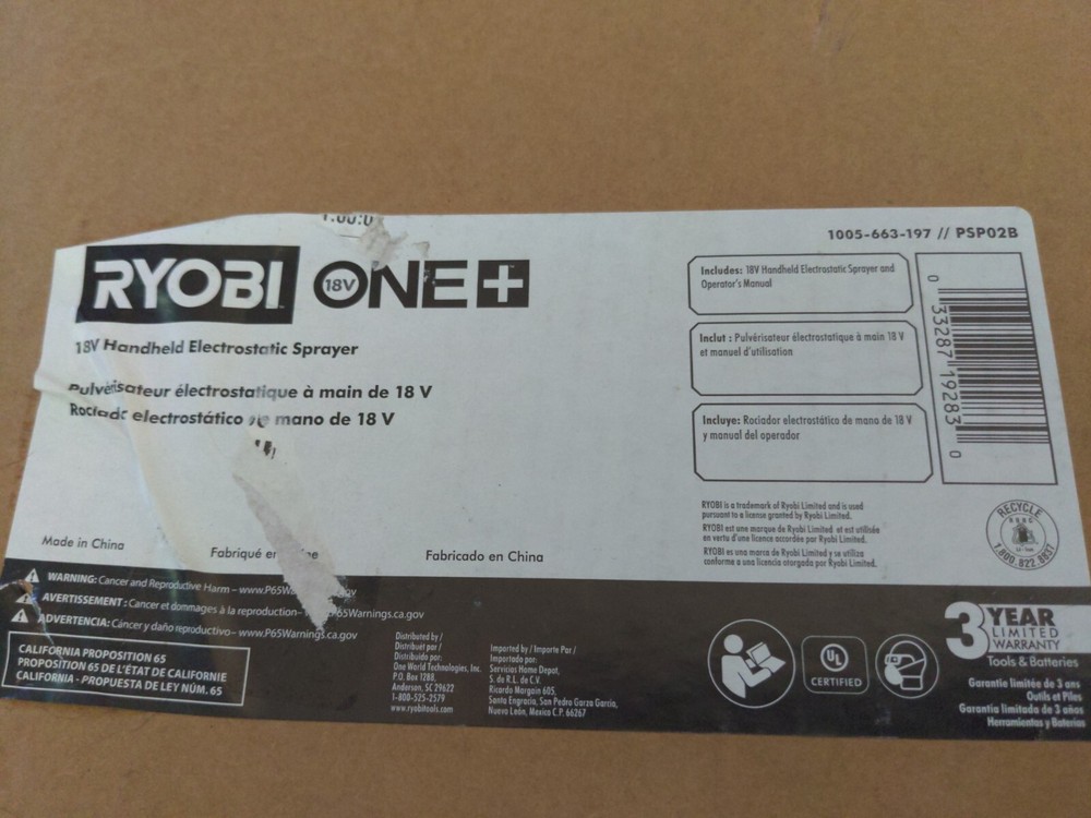 RYOBI ONE+ Handheld Electrostatic Cordless Sprayer 18V (Sprayer Only)