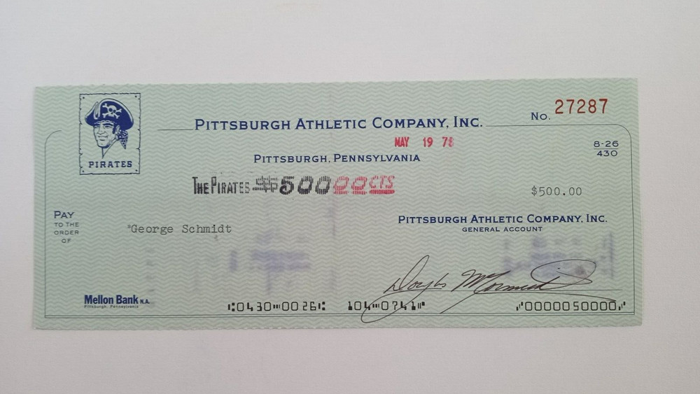 George Schmidt: 1978 Pittsburgh Pirates Expense Check