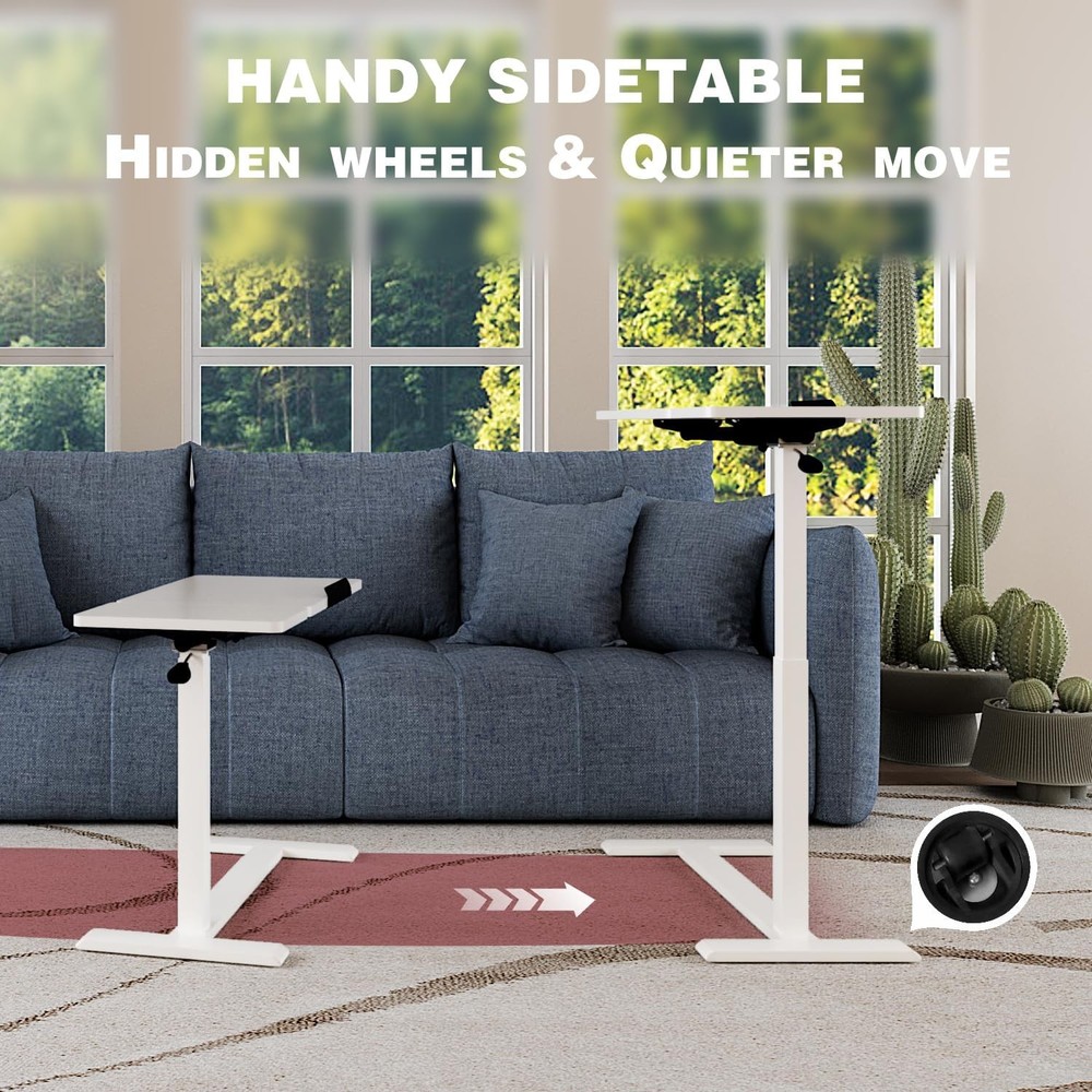 Adjustable Overbed Bedside Table W/ Wheels Pneumatic Mobile Standing Laptop Desk