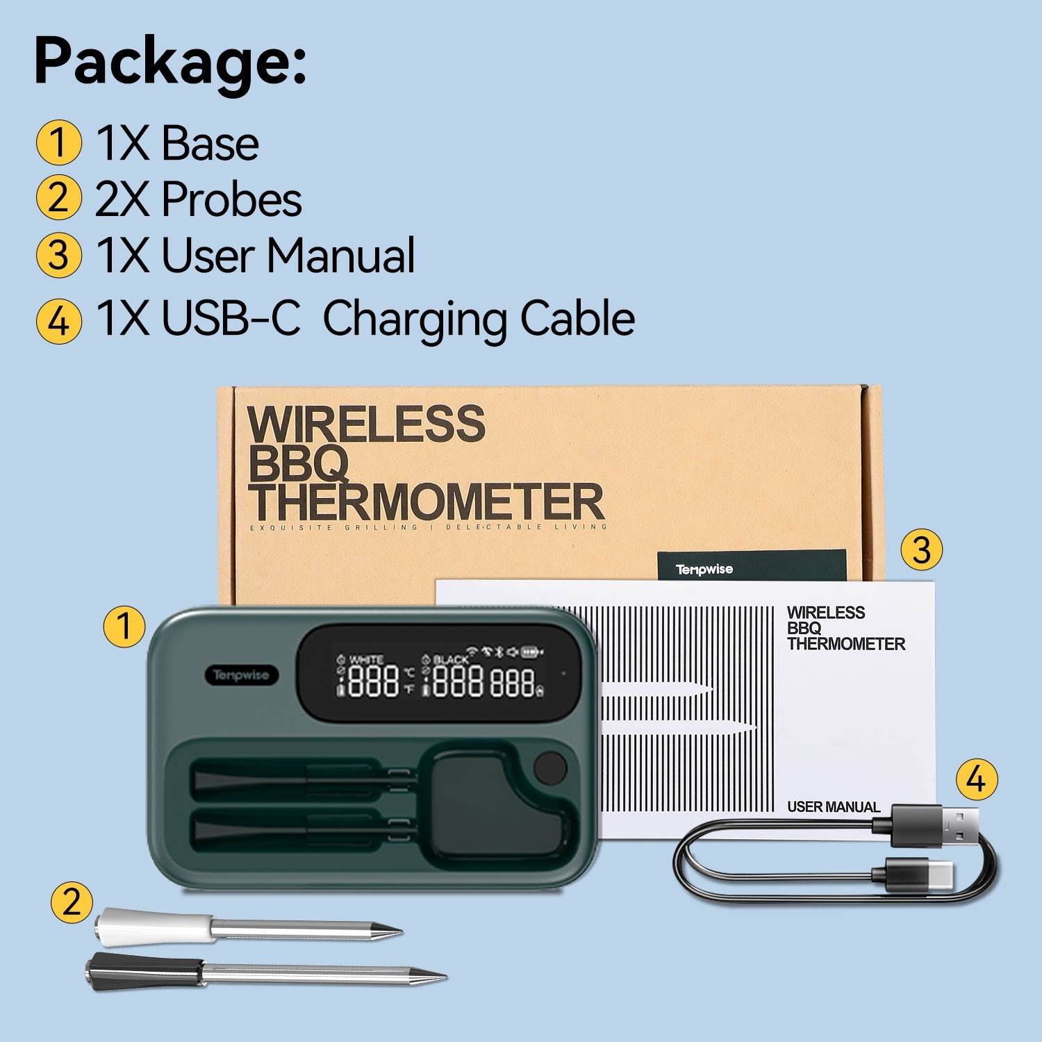 Wiresless BBQ Thermometer Meat Cooking Outdoor Dual Probes Bluetooth WiFi Combo