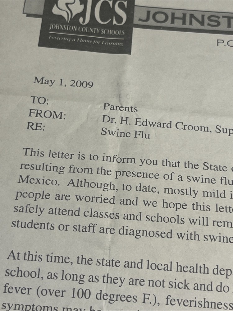 2009 Swine Flu Warning Letter NC School
