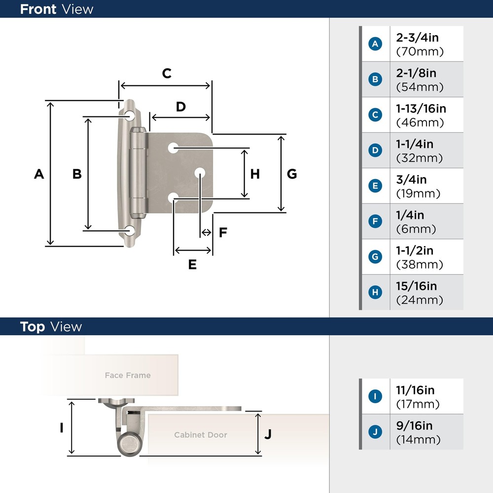 | Cabinet Hinge | Variable Overlay Hinge | Satin Nickel | 10 Pack | Self-Clos...