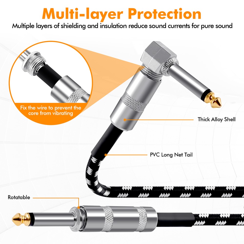 2 Pack 20ft Electric Patch Cord Guitar Amplifier Amp Cable Right Angle 90 Degree