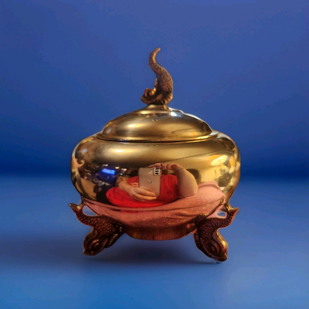 Vintage Elegant Tea Caddy/Covered Candy Dish Koi Final & Feet Silverplate MCM