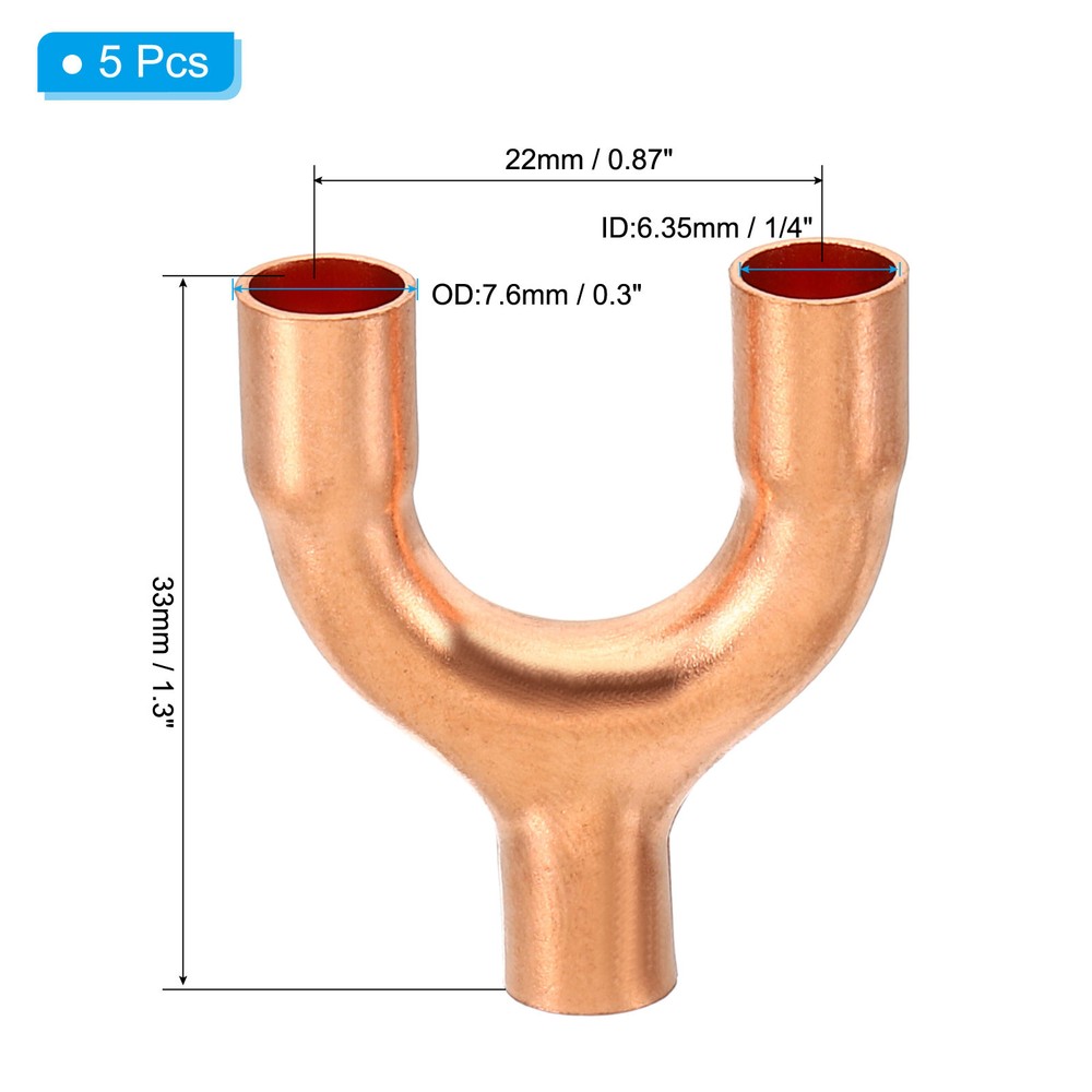 1/4" ID Tee Y Type Copper Fitting, 5 Pcs Pipe Fitting Welding Connection