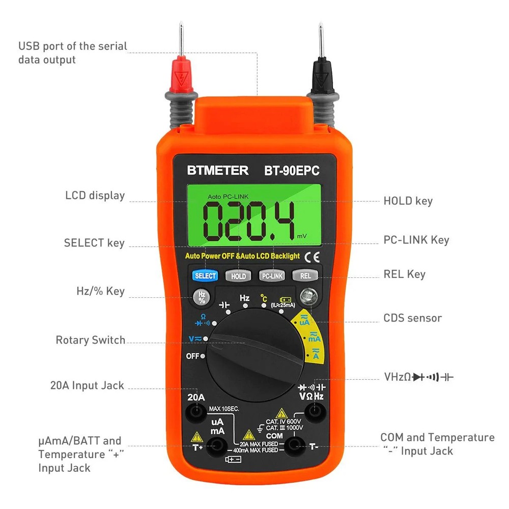 BTMETER BT-90EPC Digital Multimeter, Auto-Ranging AC/DC Volt Amp Ohm Temperat...