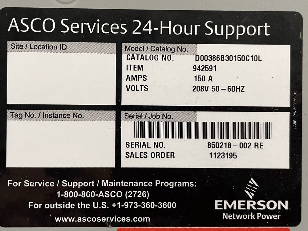 ASCO D00386B30150C10L 150A Automatic Transfer Switch, 280V