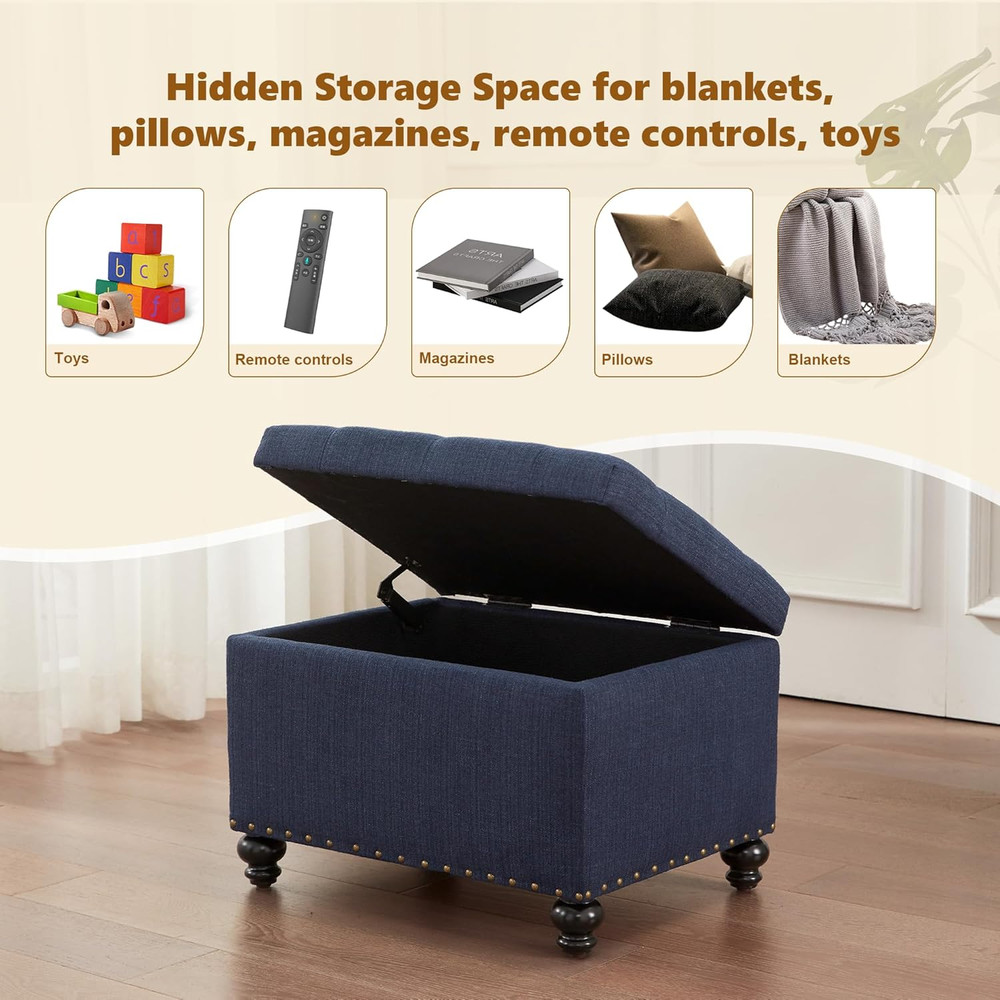 Small Ottoman with Storage, Upholstered Button Tufted Bench, 24" Rectangle Stora