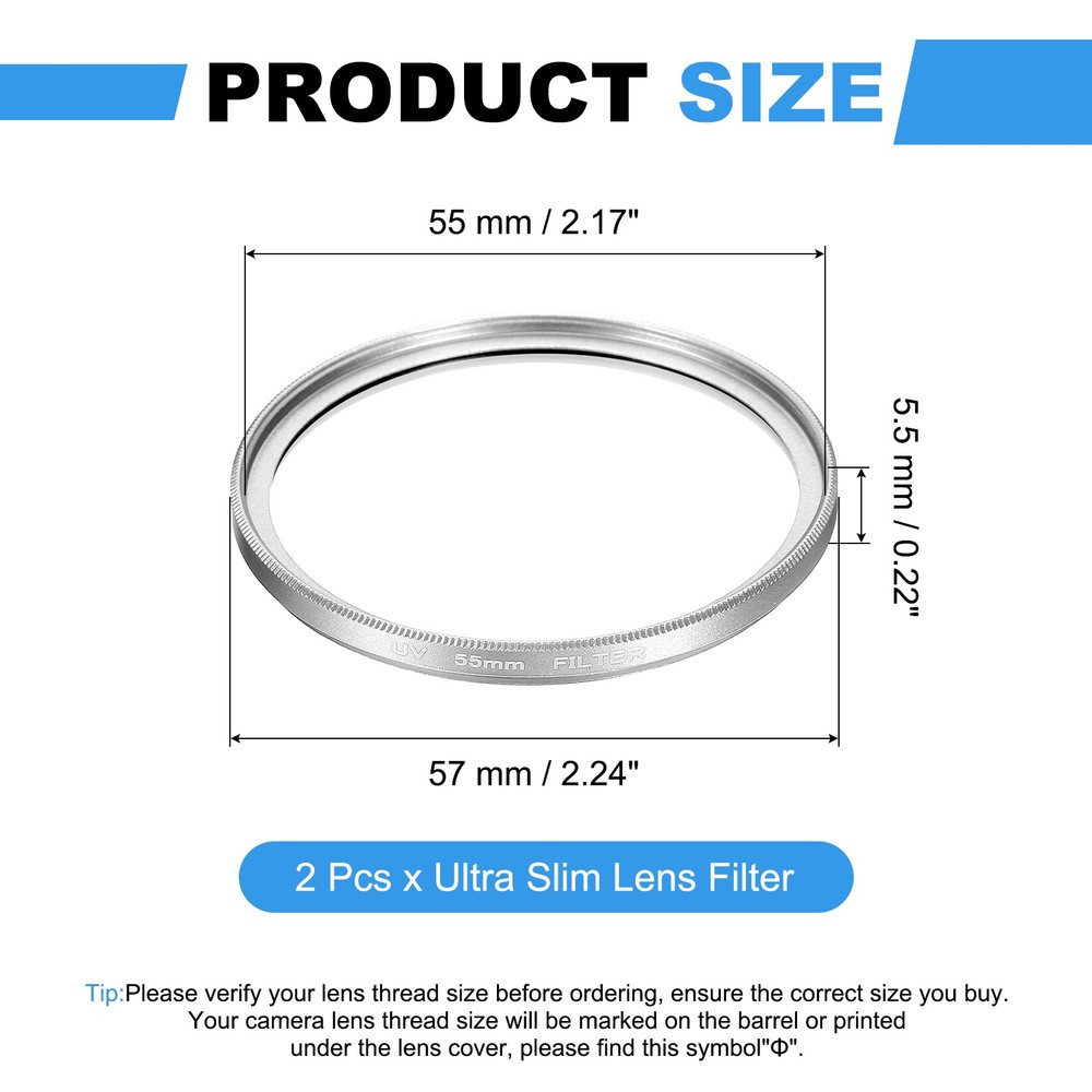2Pcs 55mm Ultra Slim Lens Filter Multi Coating Camera Len Filter, Silver