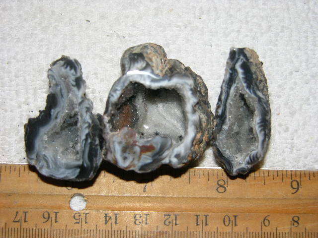 3 Agate geode halves cut & polished with druzy centers W13