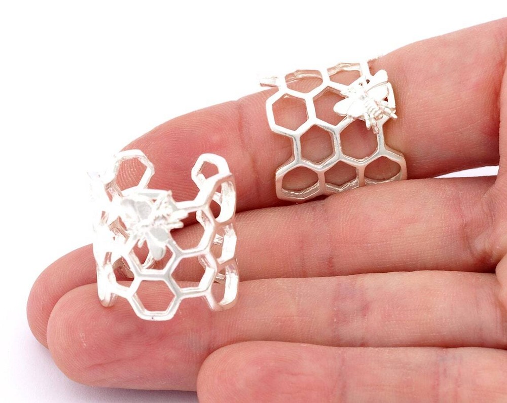 Honeycomb with Bee Adjustable Ring Shiny Silver Plated Brass 7US size 4304