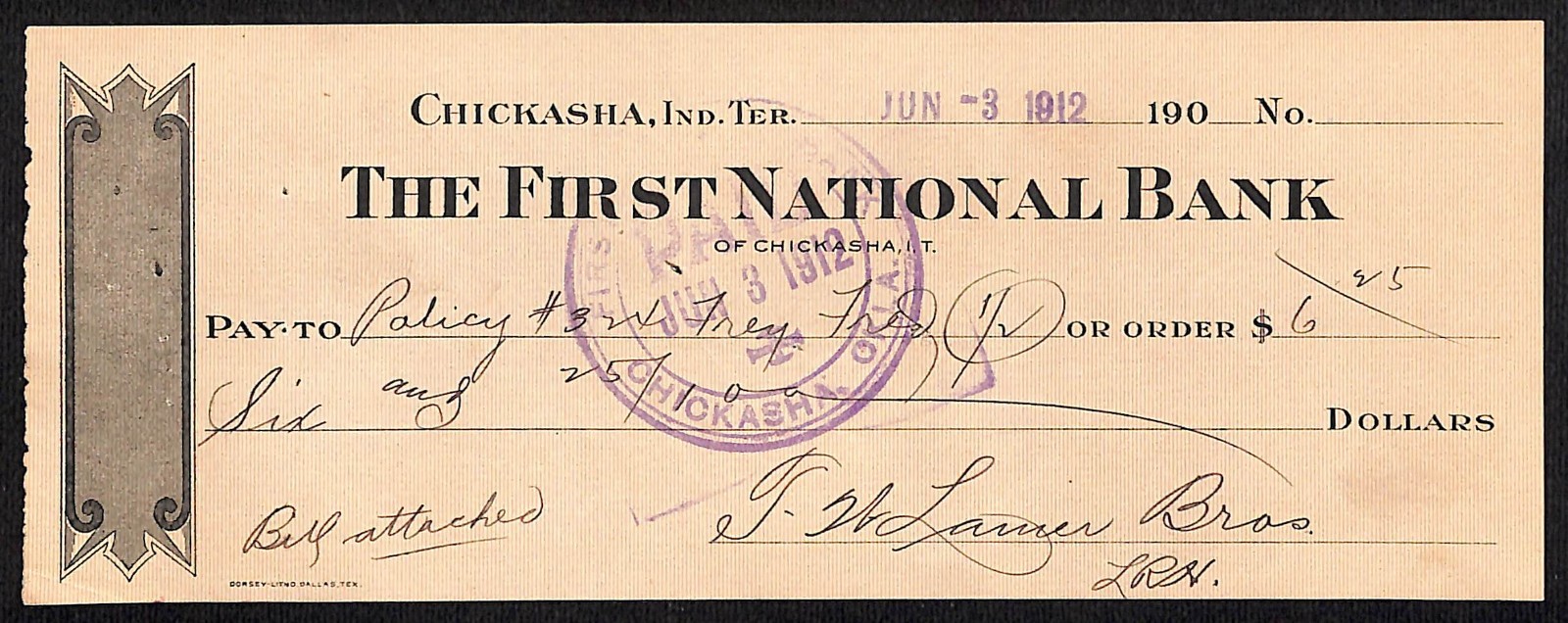 1912 FNB Chickasha IT Oklahoma "Carry Over" Territorial Bank Check