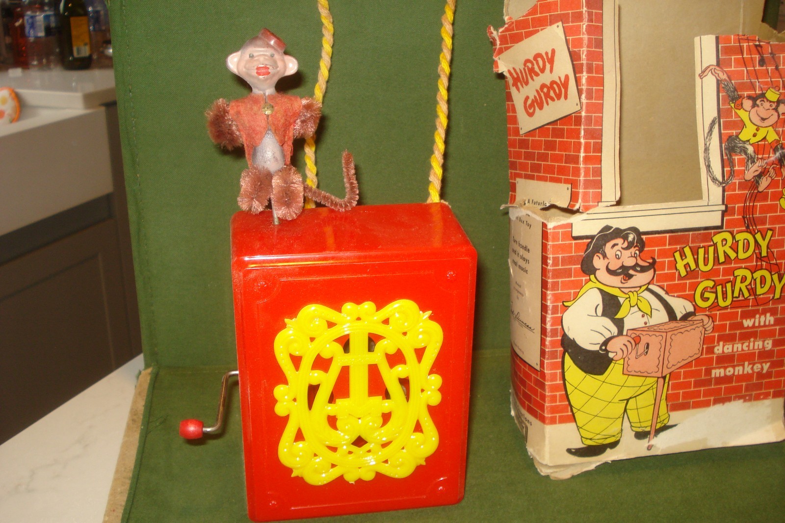 Vintage 1950's Hurdy Gurdy w/ Dancing Monkey Music Box Toy & Box Mattel, WORKS