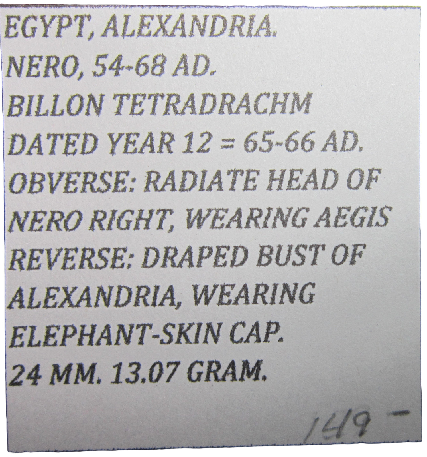 EGYPT, ALEXANDRIA, BILLON TETRADRACHM, NERO , 54-68 AD. ALEXANDRIA REVERSE.