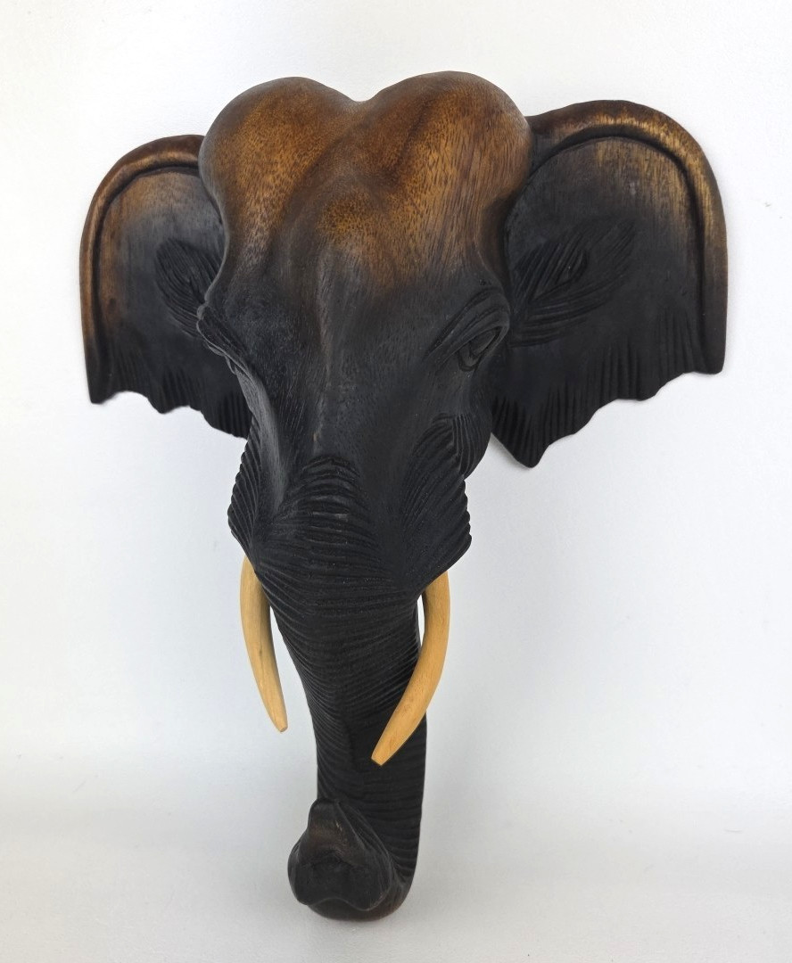 12” Wooden Thai Elephant Head Hand Carved Hanging Wall Home Decor Boho Gift