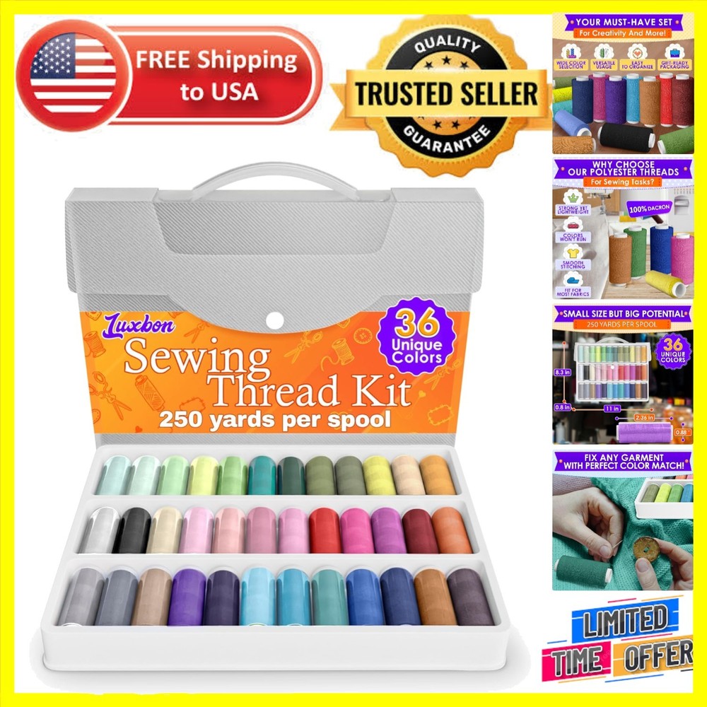 36-Piece Bright Polyester Sewing Thread Set - 250 Yards Each for Versatile Cr...