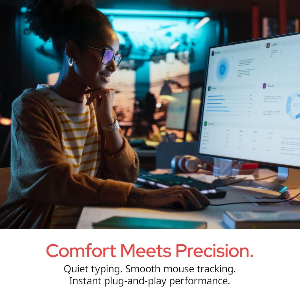 Comfortable Wired Keyboard with Adjustable Legs & Ambidextrous Mouse - Black