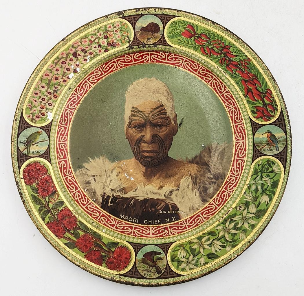 MAORI CHIEF NEW ZEALAND ILES ROTORUA PHOTOGRAPHIC TOLEWARE DISH c1901-1905