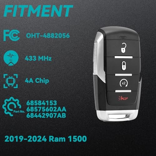 Car Key Fob Replacement 4-Button Keyless Entry (1PC) 433MHz Compatible with