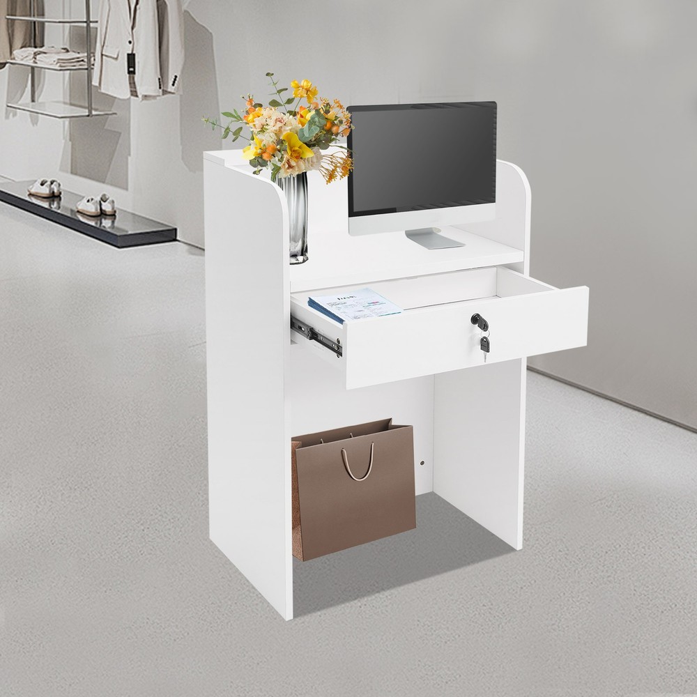 Modern Warm White Reception Desk, Reception Counter With a Lockable Drawer