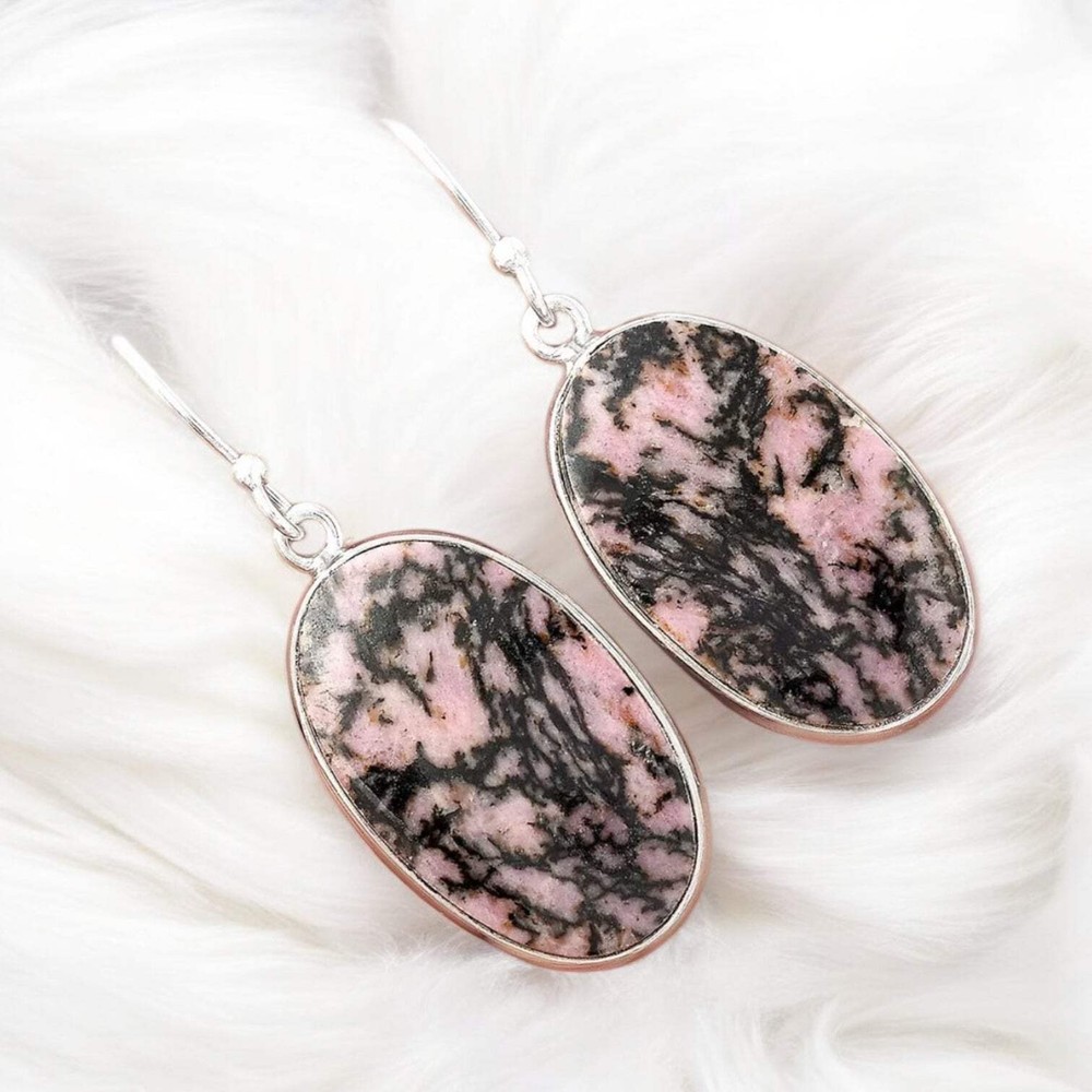 Rhodonite Solid 925 Sterling Silver Earrings