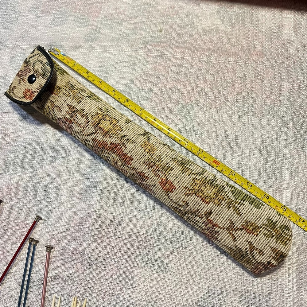 Vintage Various Knitting Needles with Embroidered Carrying Case Snap Close