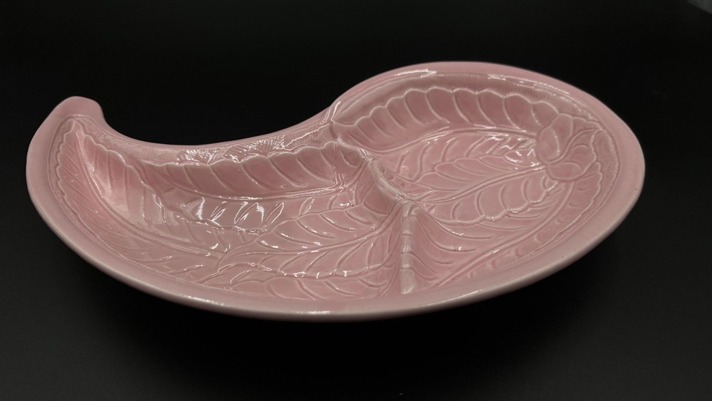 Vintage Glazed Ceramic Pink Leaf 2 Section Serving Tray 14"