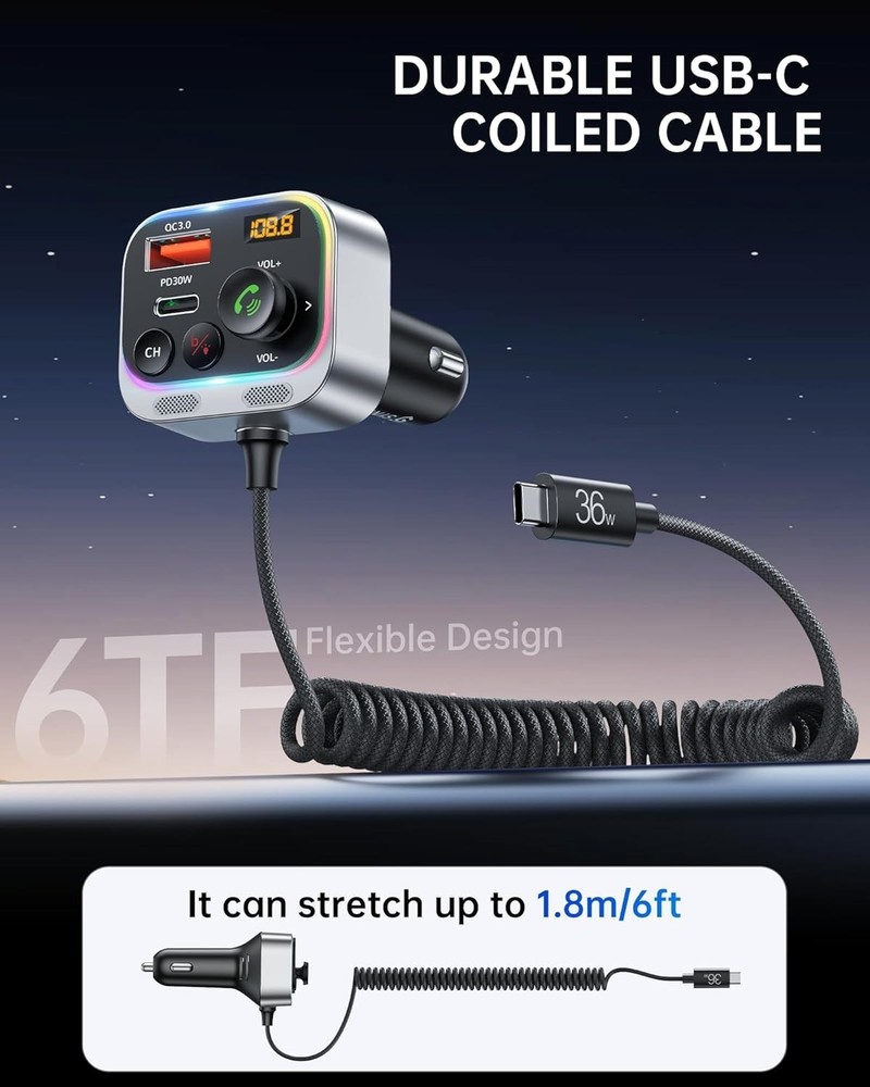 Syncwire Bluetooth 5.4 FM Transmitter Car Adapter 66W PD & QC 3.0 Fast Chargi…