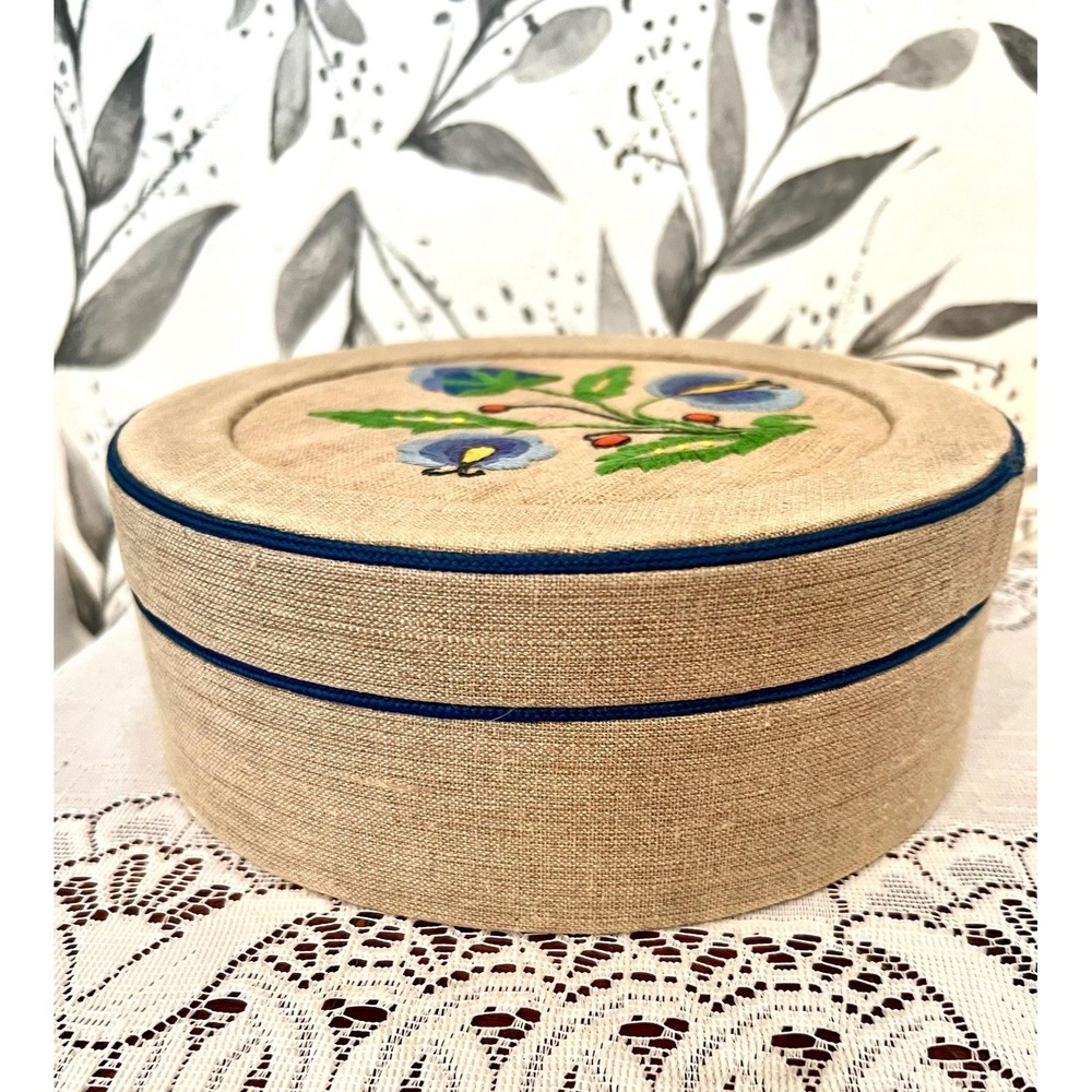 Vintage embroidered cloth covered circular box