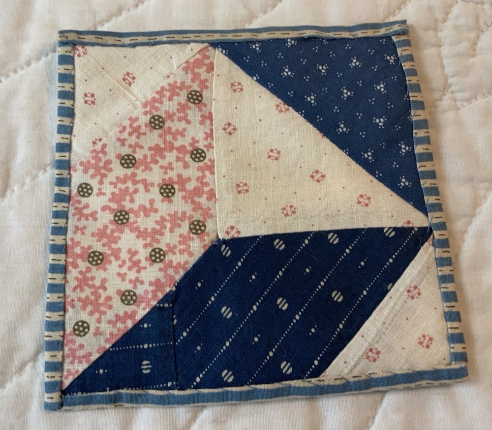 Antique Patchwork Quilt Table Topper, Early Calico Prints, Triangles, Navy, Pink