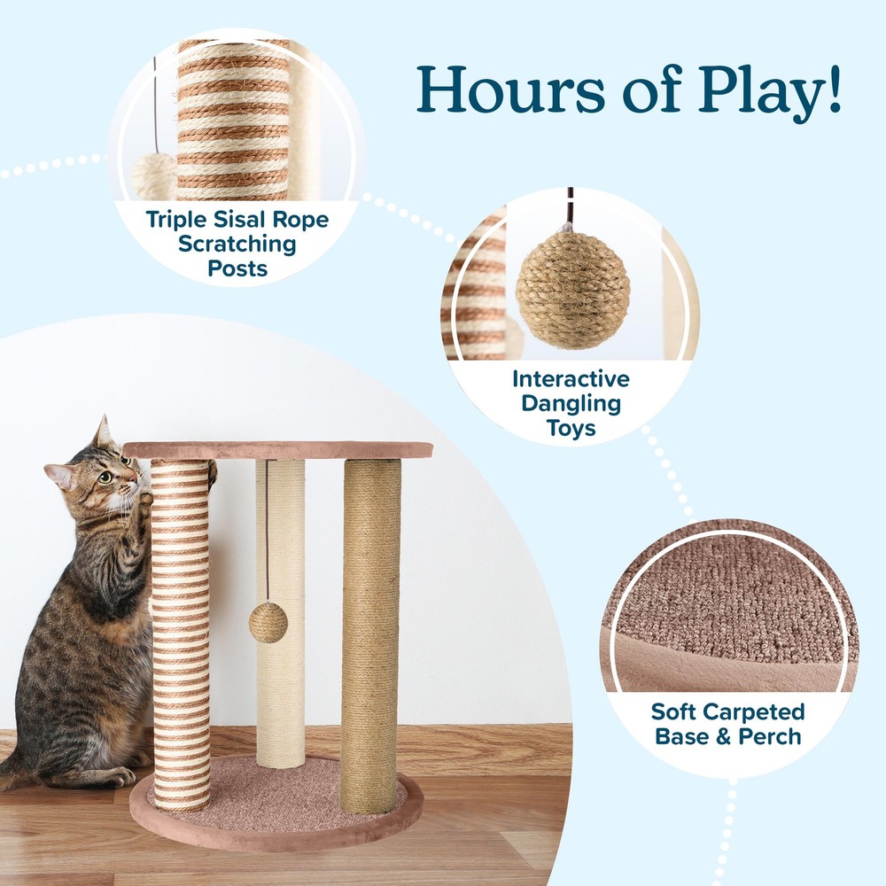 Cat Scratching Post - 3 Scratcher Posts with Carpeted Base Play Area and Perch