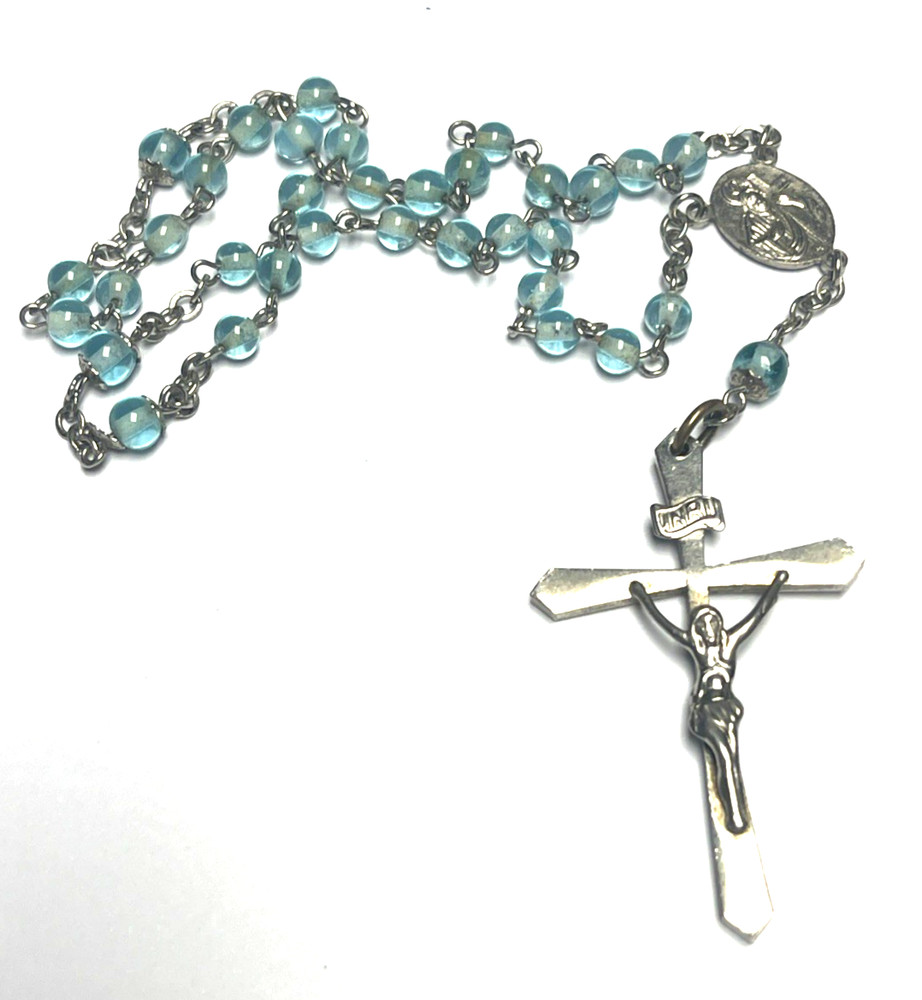 Light Blue Silvertone Christian Catholic Rosary Bead Necklace