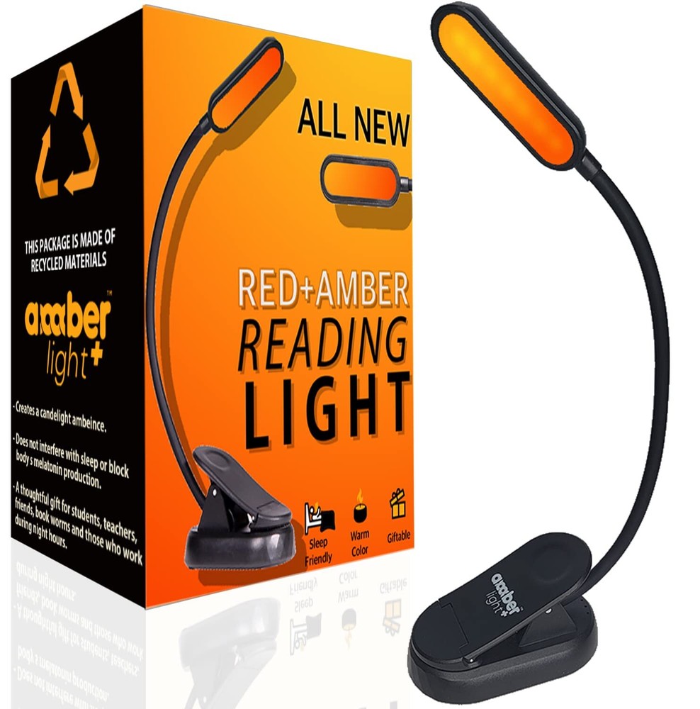Amber Reading Light + Red Light. Giftable Blue Light Blocking Book Light for Rea