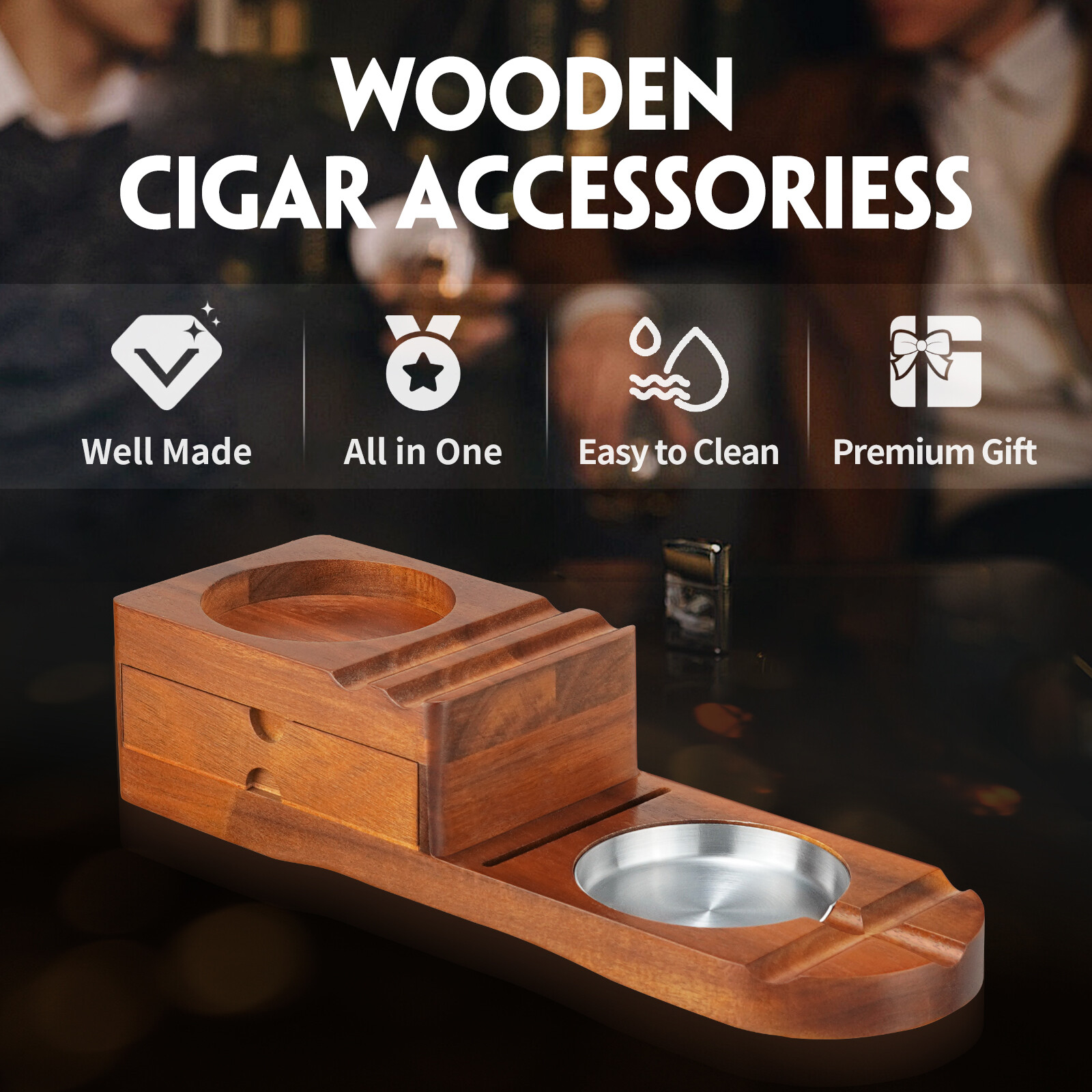 Cigar Ashtray Coaster Whiskey Glass Tray & Wooden Ash Tray