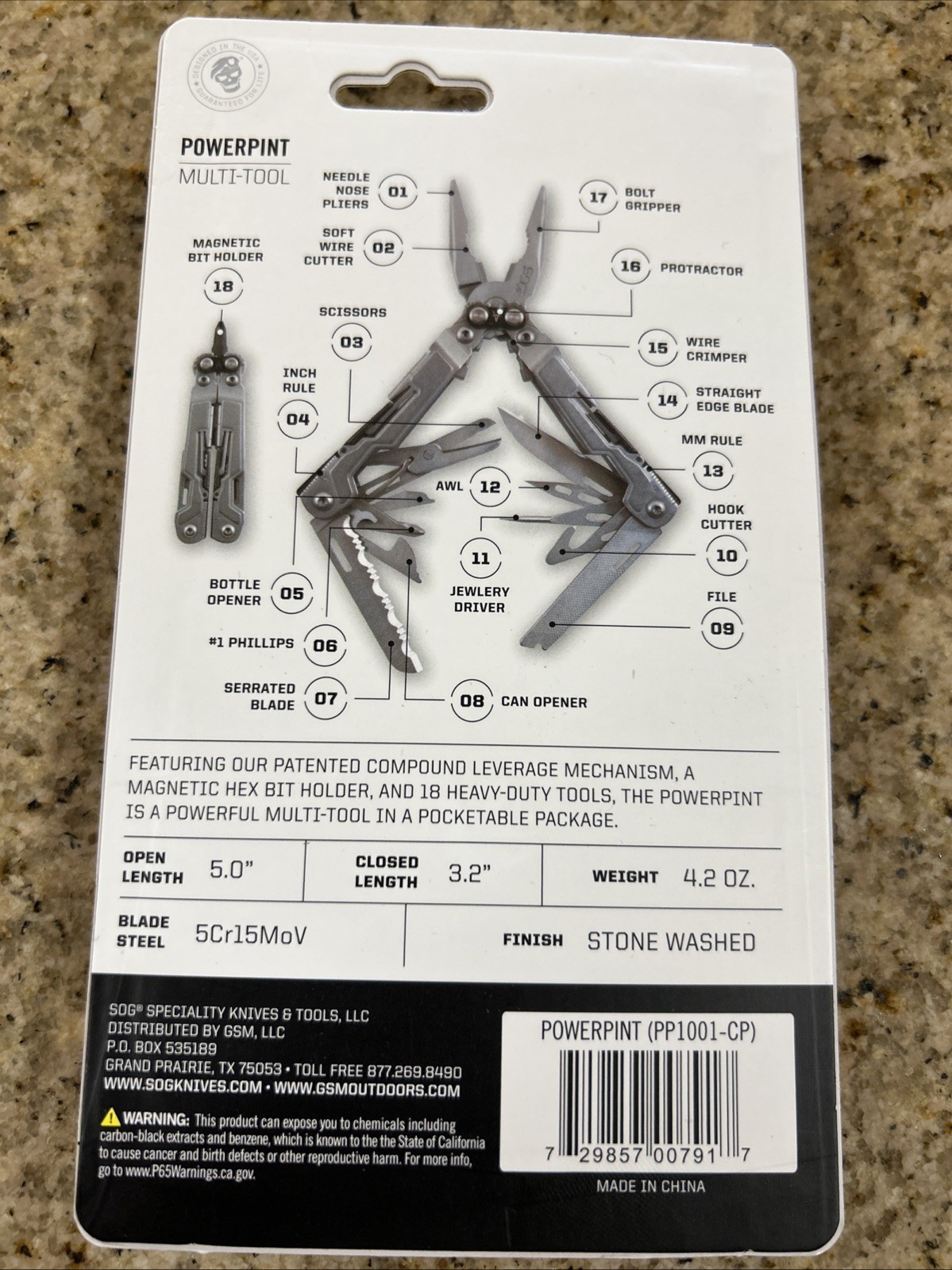 SOG Powerpint Silver Needlenose Pliers Scissors Knife MultiTool Pliers PP1001-CP