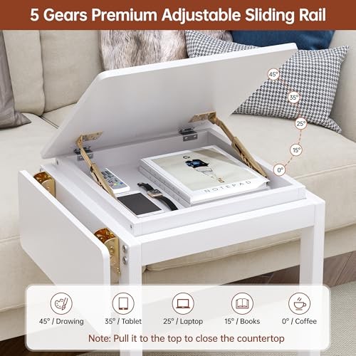 C Shaped End Table, Rolling Side Table with 4-Way C shaped table White