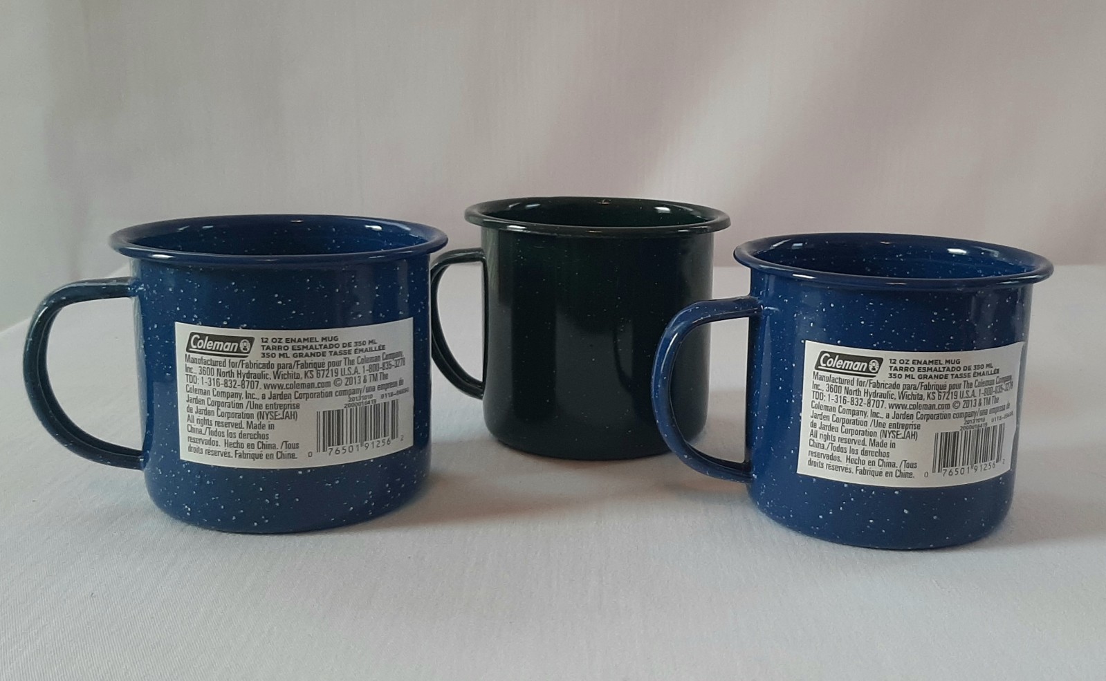 Coleman Blue Speckled Enamelware Camping Mugs Set of 2 Cups, plus a green mug