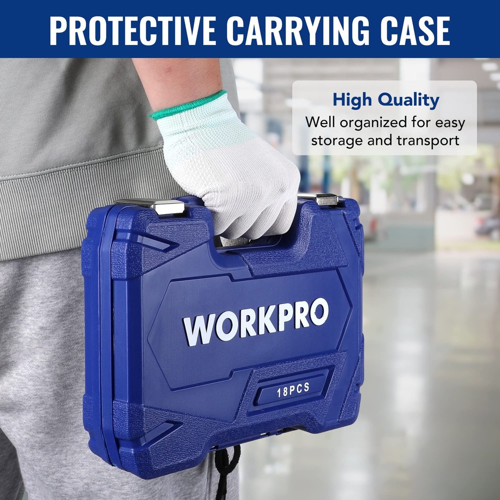 WORKPRO 18PCS 1/4", 3/8" & 1/2" DR Impact Socket Set Drive Tool Accessory Set US