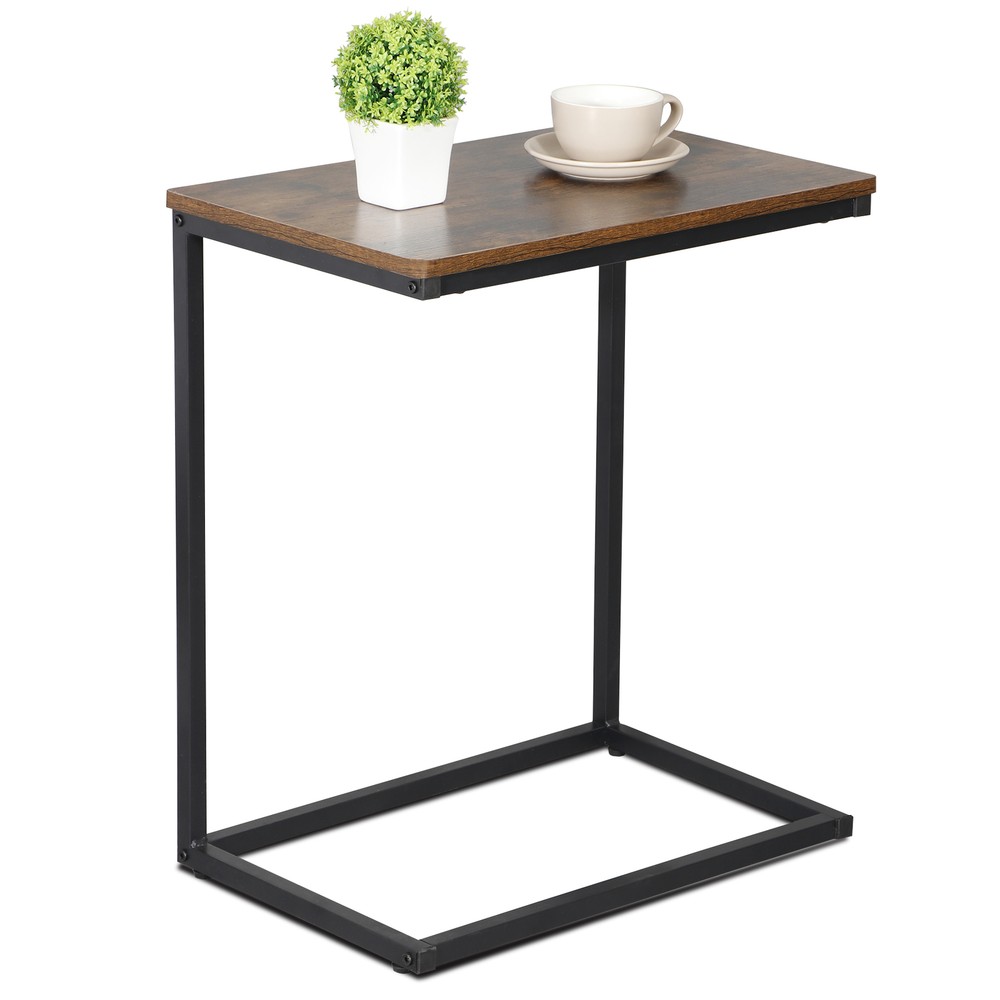 C Shaped End Table Living Room Side Table for Couch Slide Under Rustic Brown