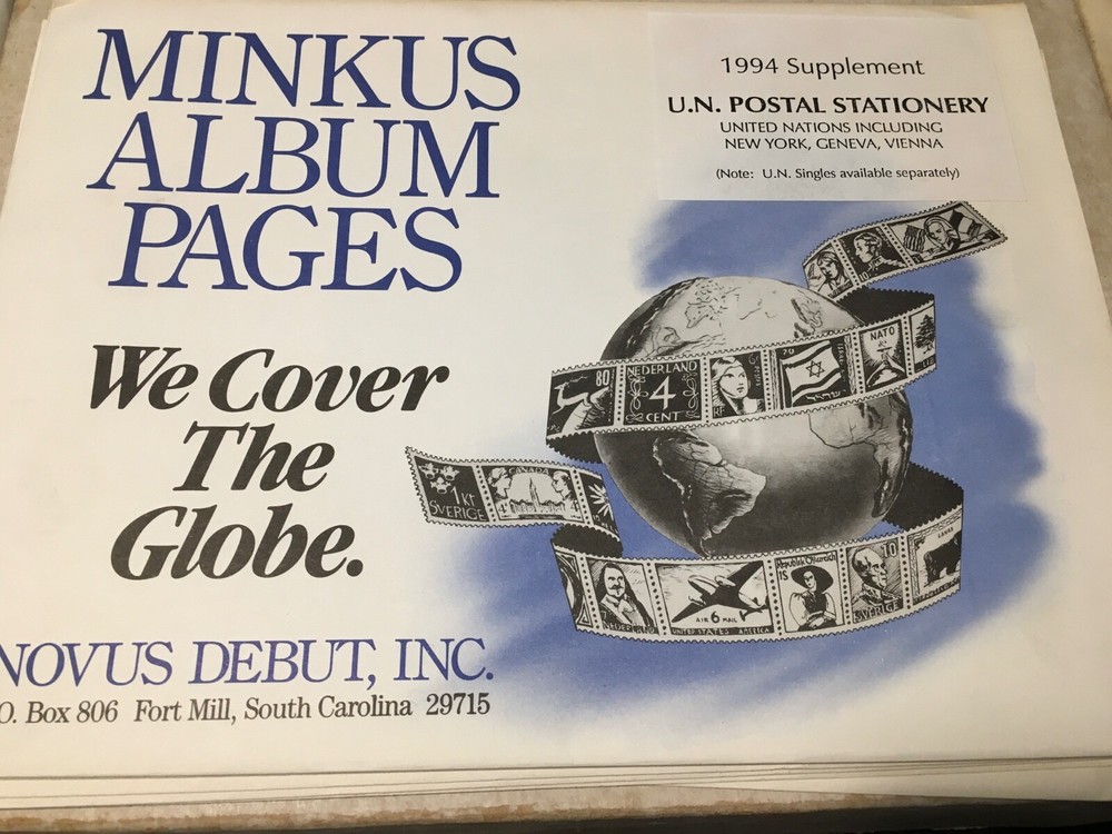 New Minkus United Nations Postal Stationary Stamp Album Supplement Pages- 1994