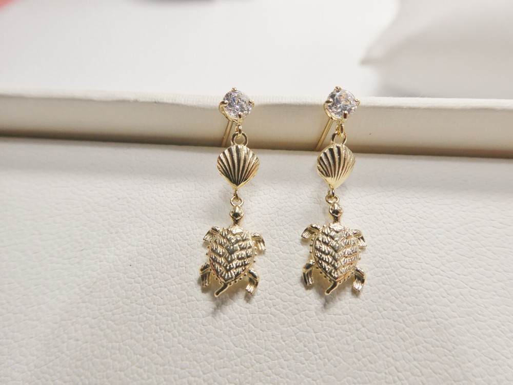10K REAL SOLID YELLOW GOLD TURTLE DANGLING STYLE PUSH POST EARRINGS