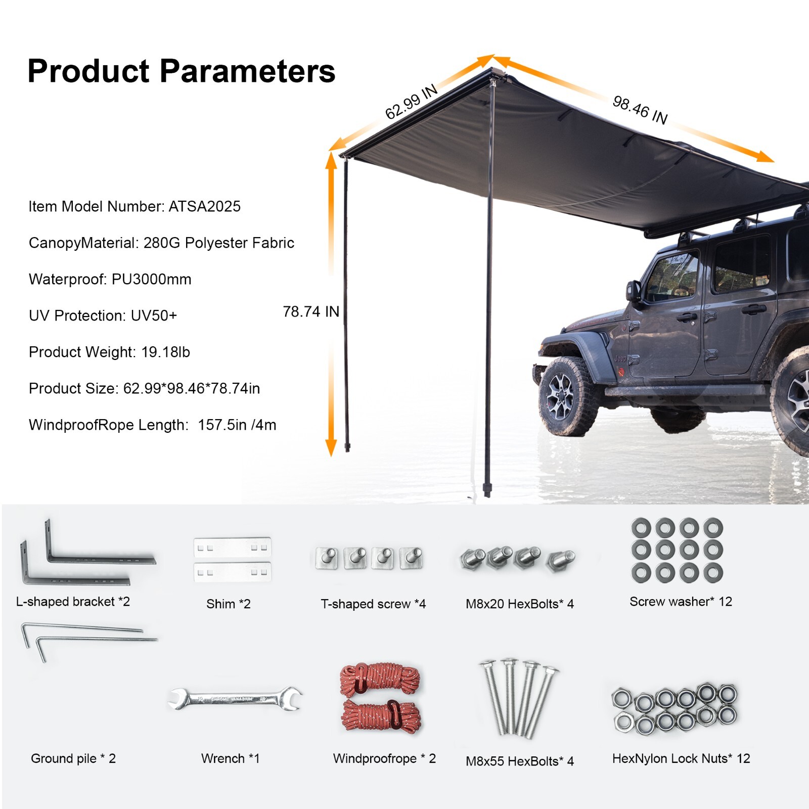 Naturnest 5.2x8.2ft Car Side Awning Waterproof Car Awning Shade Outdoor Camping