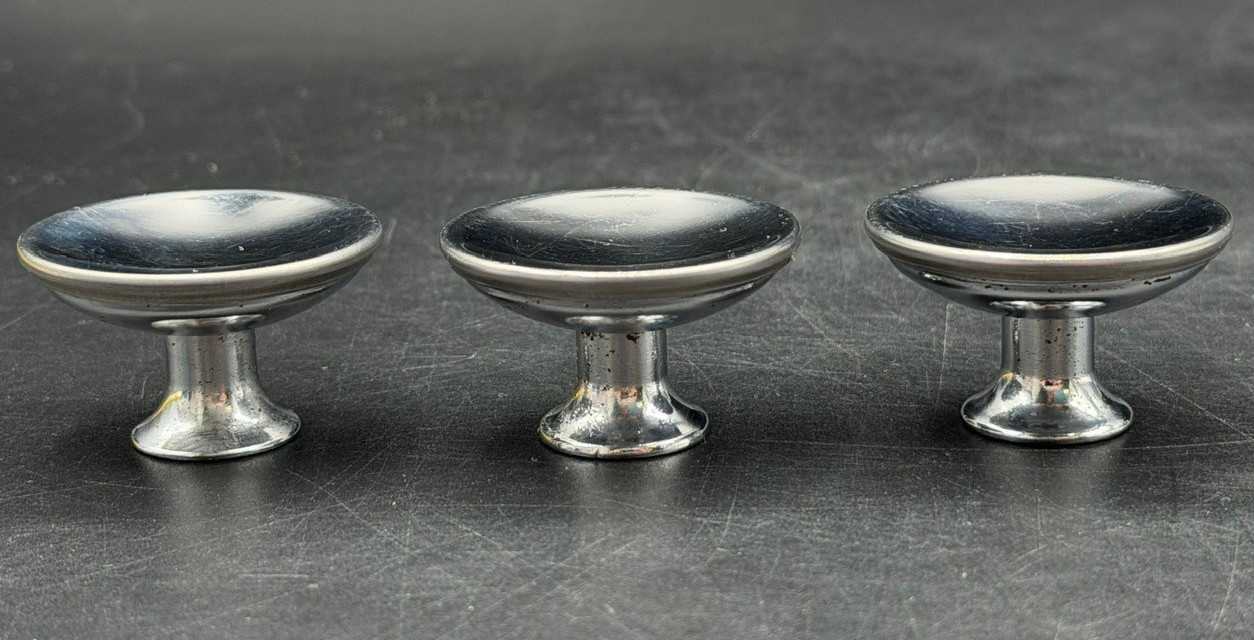 3 Vintage Chrome Concave Round Pull Knobs w/ Matching Backplates & Screws.
