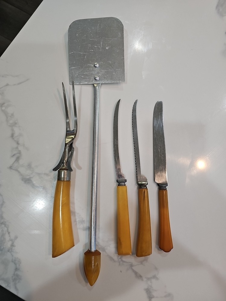 Butterscotch Bakelite Misc. Kitchen Utensils. Some SS.