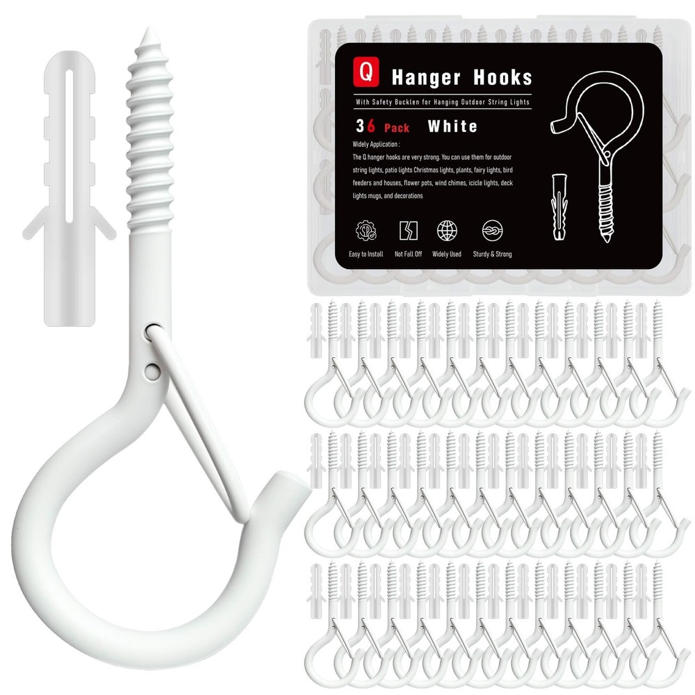 36 Pack White Screw Hooks with Safety Buckle - 2.3 Inch Rustproof Eye Ceiling...