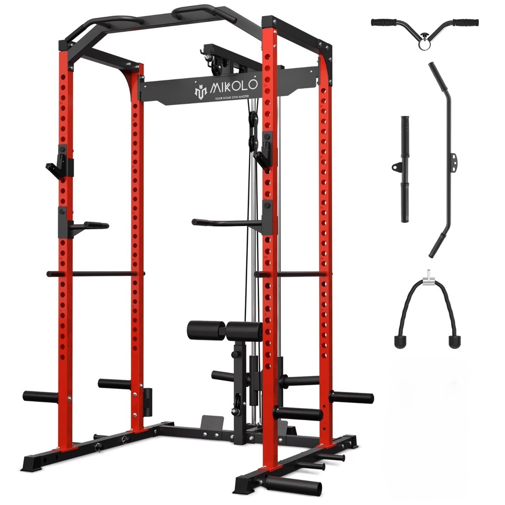 Power Cage Squat Rack w/ LAT Pulldown Cable System 1200LB Home Gym